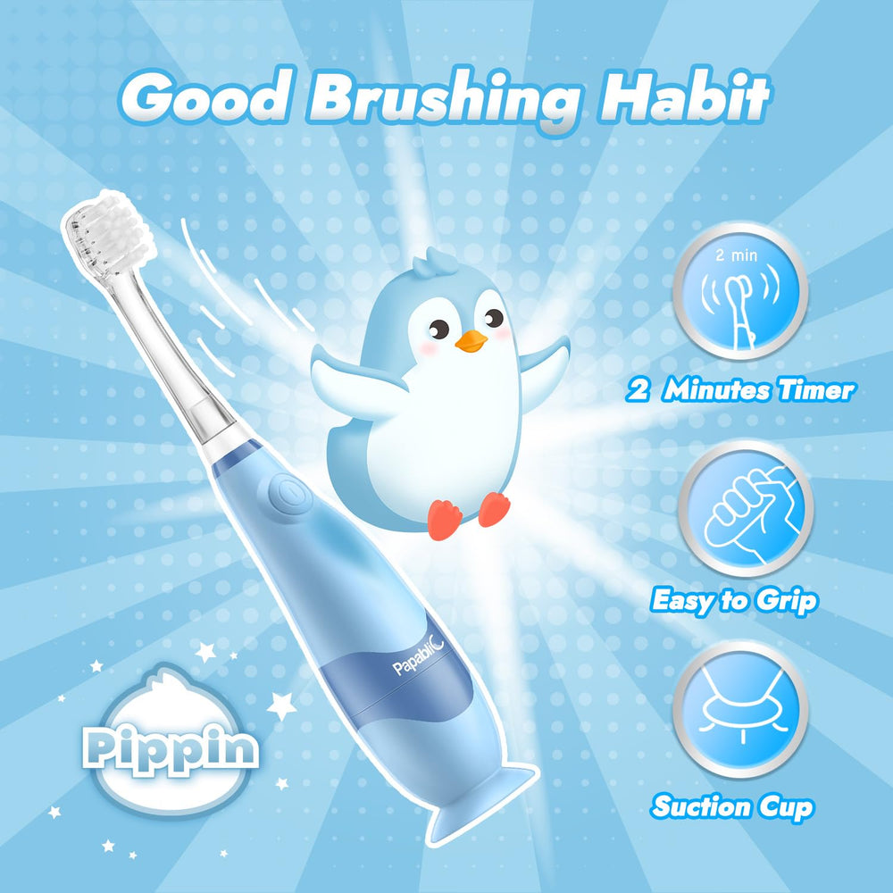 Toddlers using Papablic Pippin toothbrush for brushing
