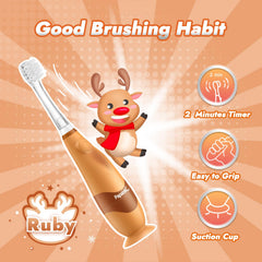 Packaging showing batteries included with Papablic toddler toothbrush set