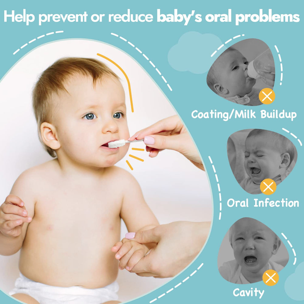 Baby using Papablic tongue cleaner on gums