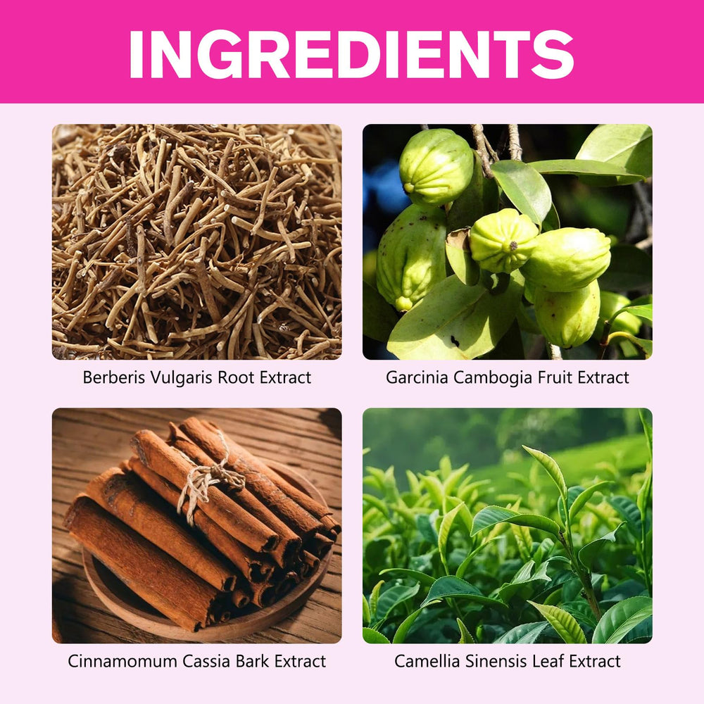 Natural ingredients including berberine, pomegranate, cinnamon, and L-glutamine