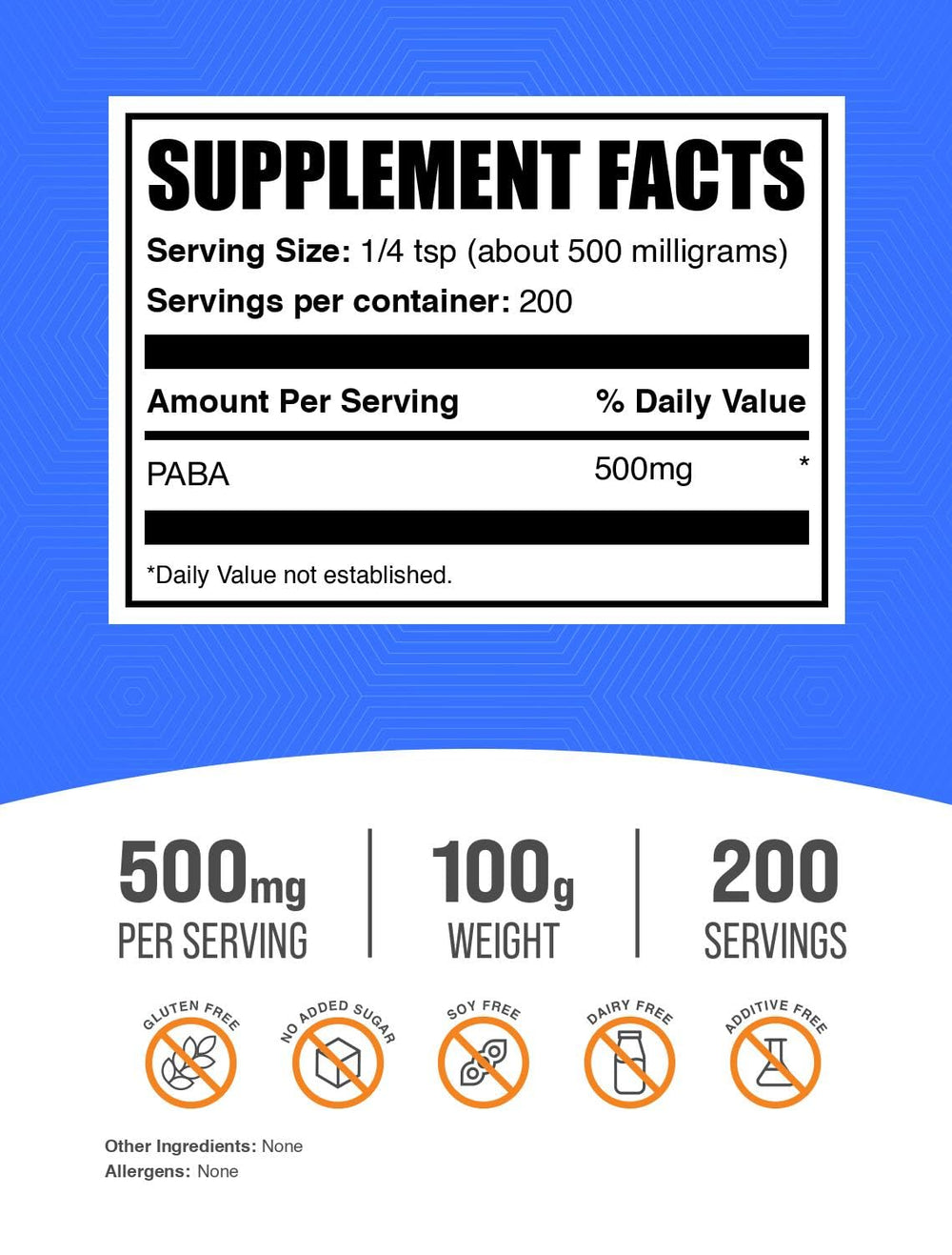 Para-aminobenzoic acid powder 500mg per serving label