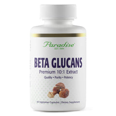 Paradise Herbs Beta Glucans bottle featuring Agaricus mushrooms illustration