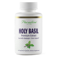 Paradise Herbs Organic Holy Basil Supplement bottle with 60 vegetarian capsules