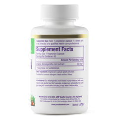 Close-up of Ashwagandha capsules with vegan, non-GMO, gluten-free labeling