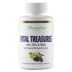 Paradise Herbs Vital Treasures bottle and capsules – front view