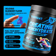 Parhaat creatine monohydrate gummies blueberry bottle back highlights label with quality cues.