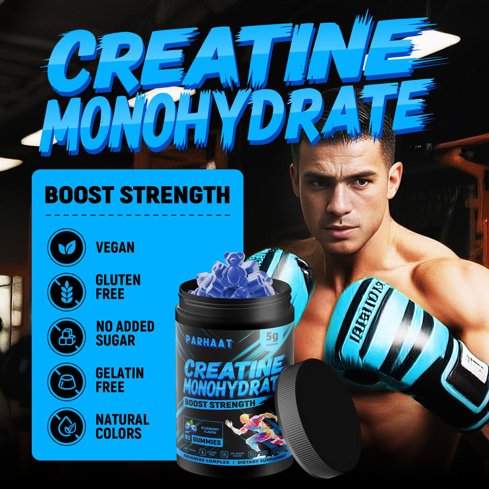 Parhaat creatine monohydrate gummies blueberry closeup on surface signals convenient daily supplement.