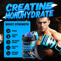 Parhaat creatine monohydrate gummies blueberry closeup on surface signals convenient daily supplement.