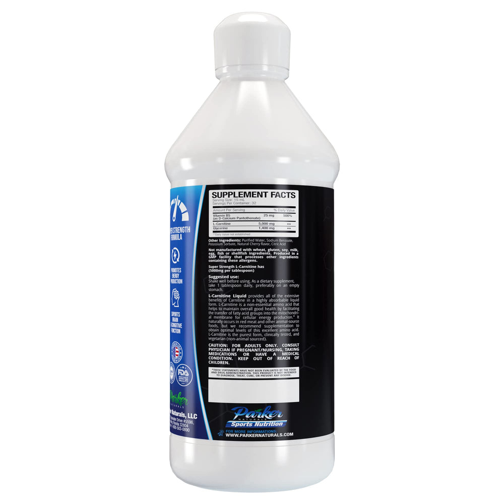 Parker Naturals carnitine liquid flavor cherry label emphasizes pleasant daily supplement experience