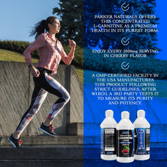 Parker Naturals carnitine liquid ingredients bottle highlights vegetarian formula and natural flavor