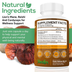 90-count Parker Naturals Mushroom Complex packaging and bottles