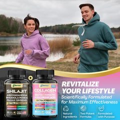 Graphic of two formulas: Adaptogenic Blend and Collagen 14-in-1 shown together