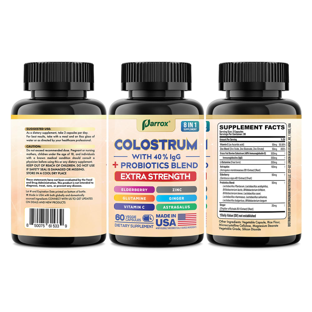 Product packaging and transparency emphasis for Parrox Colostrum.