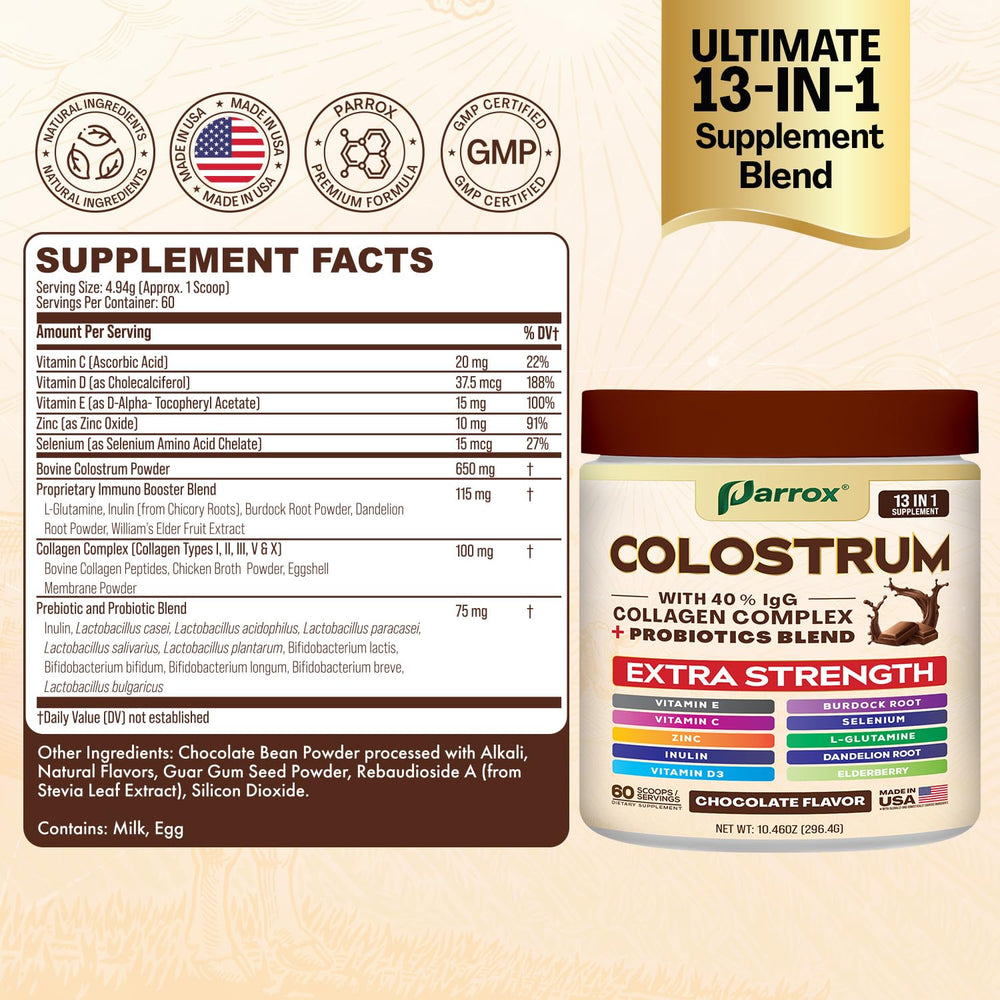 Parrox Colostrum Powder Chocolate flavor - ingredients panel