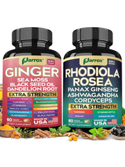 Parrox Dynamic Duo Herbal Bundle front packaging showing Ginger & Rhodiola bottles