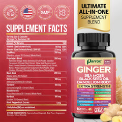 Close-up of Parrox Ginger 16-in-1 ingredients label showing Ginger, Black Seed Oil, and Ashwagandha