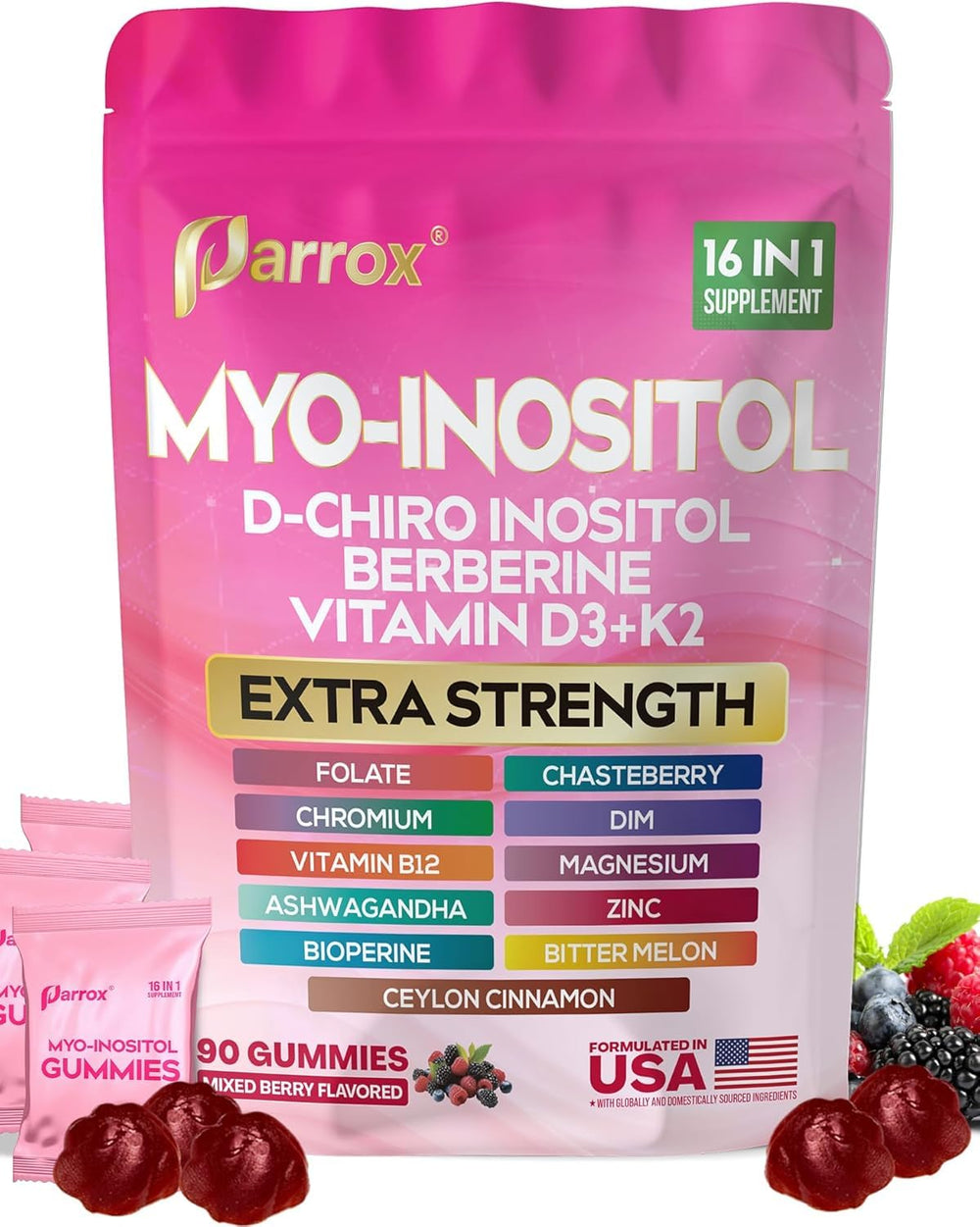 Parrox front packaging showing mixed berry gummies and bottle benefit convenience