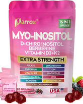 Parrox front packaging showing mixed berry gummies and bottle benefit convenience