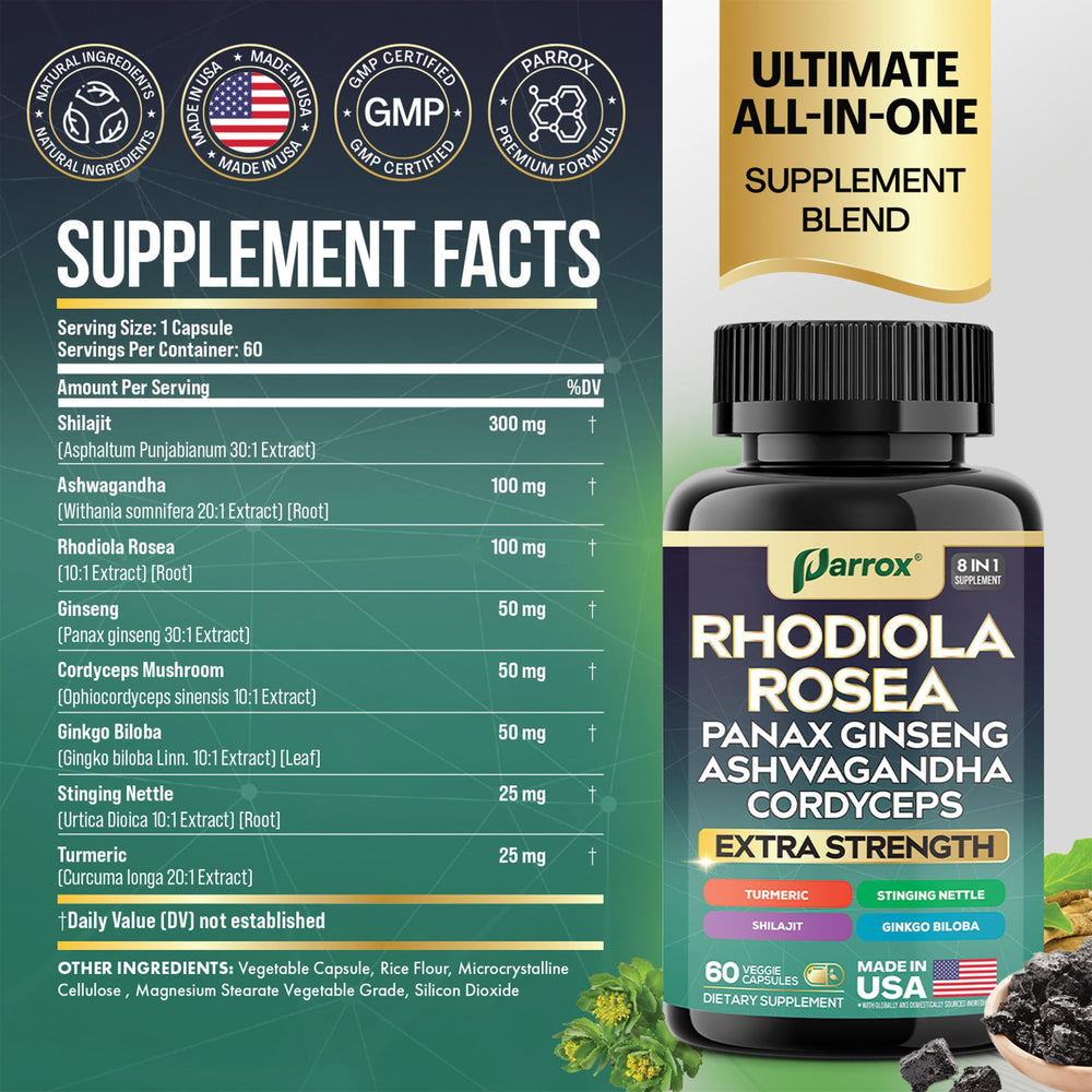 Rhodiola Rosea leading ingredient capsule close-up