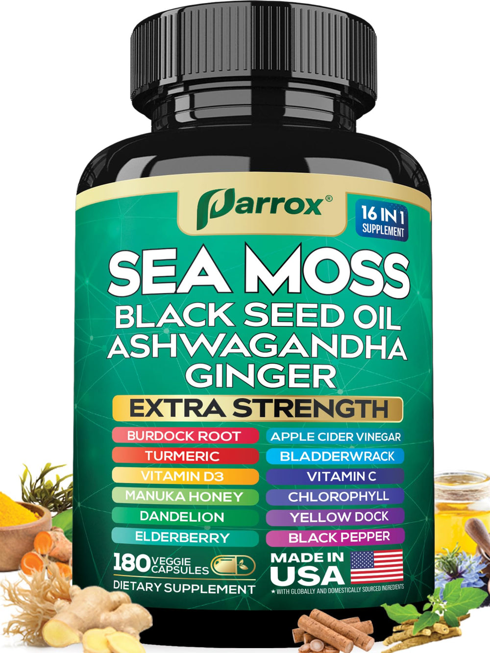 Bottle of Parrox Sea Moss 16-in-1 capsules with label