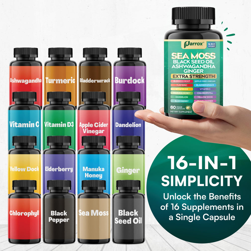 Parrox Sea Moss capsules spilled from bottle with ingredients nearby