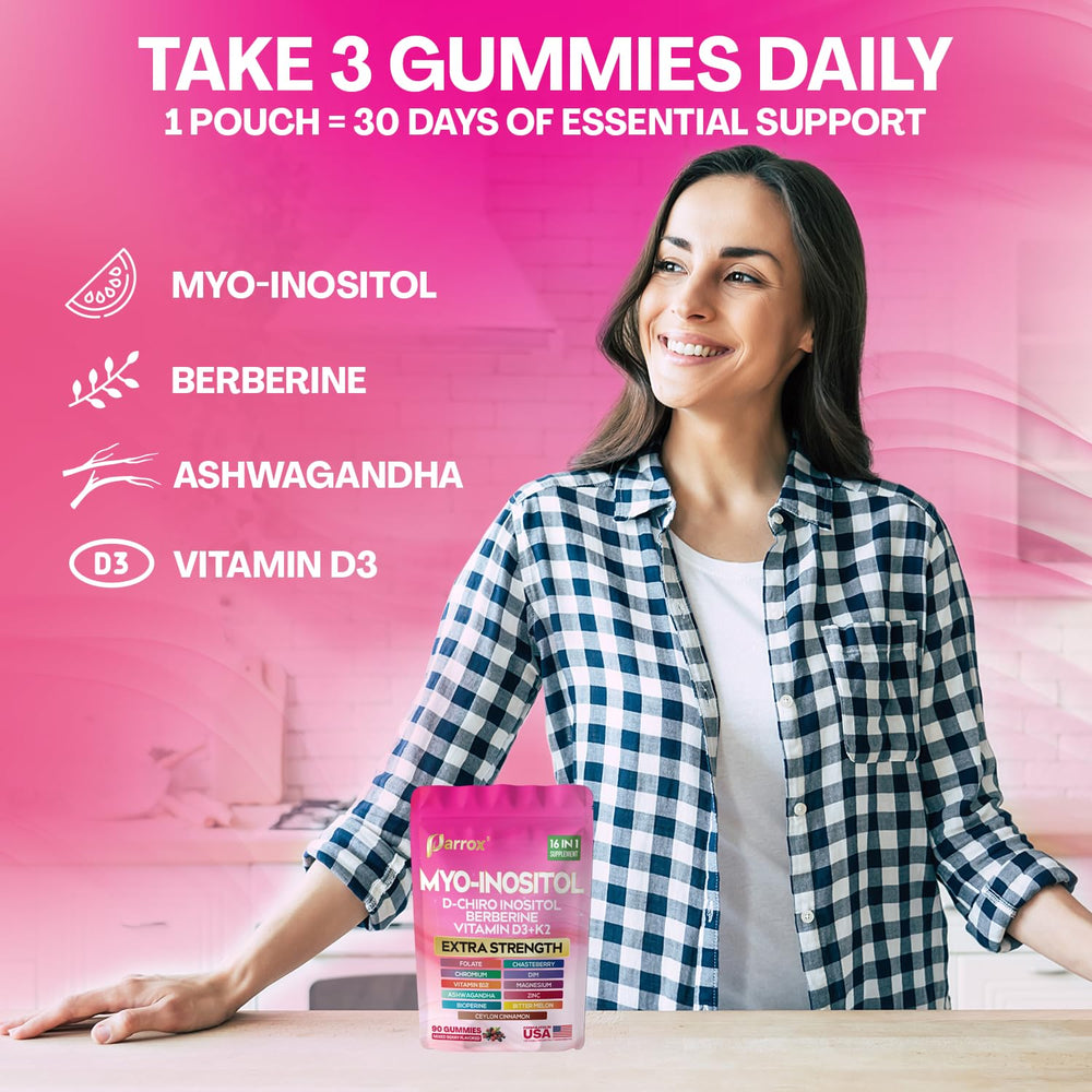 Parrox gummies beside a ruler for scale indicating 90-count portion size