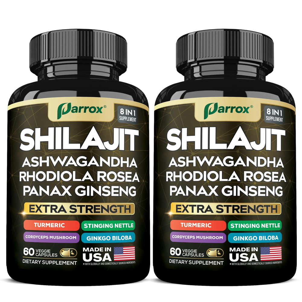 Bottle of Parrox Shilajit 8-in-1 supplement with capsules