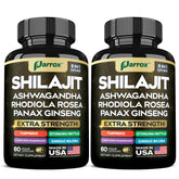 Bottle of Parrox Shilajit 8-in-1 supplement with capsules