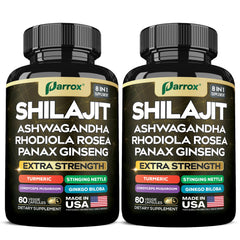 Bottle of Parrox Shilajit 8-in-1 supplement with capsules