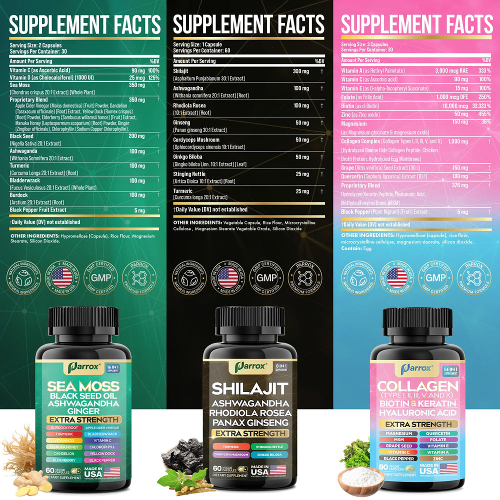 Sea Moss 16-in-1 bottle highlighting elderberry and chlorophyll