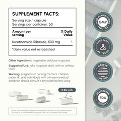 NR bottle label highlighting NAD+ and NR benefits
