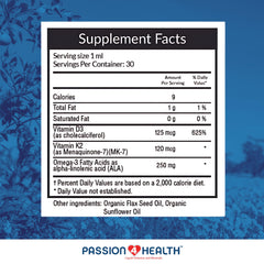 Product packaging and branding for Passion 4 Health liquid D3 K2 Omega-3 supplement