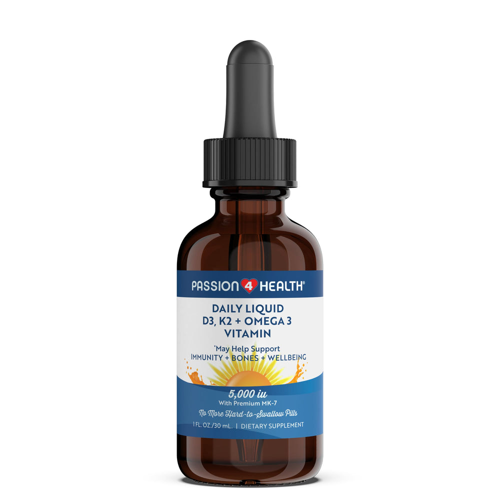 Passion 4 Health Organic Liquid Vitamin D3 K2 (Mk-7) + Omega-3 bottle label showing 5000IU