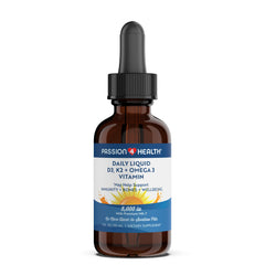 Passion 4 Health Organic Liquid Vitamin D3 K2 (Mk-7) + Omega-3 bottle label showing 5000IU