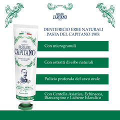 Close-up of toothpaste tube showing natural herbal ingredients