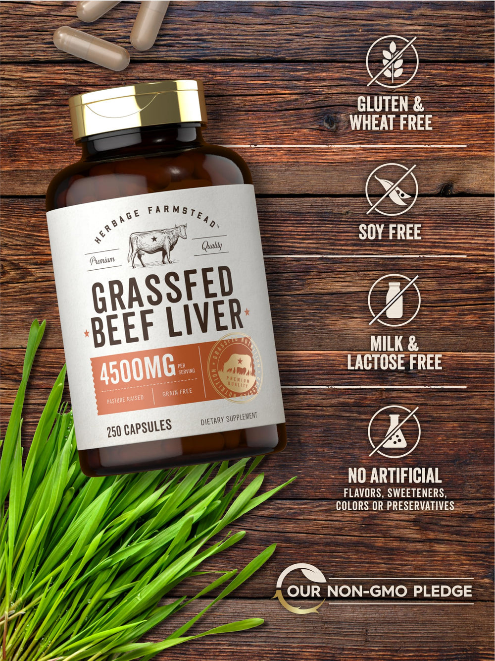 Pasture raised beef liver capsules on counter