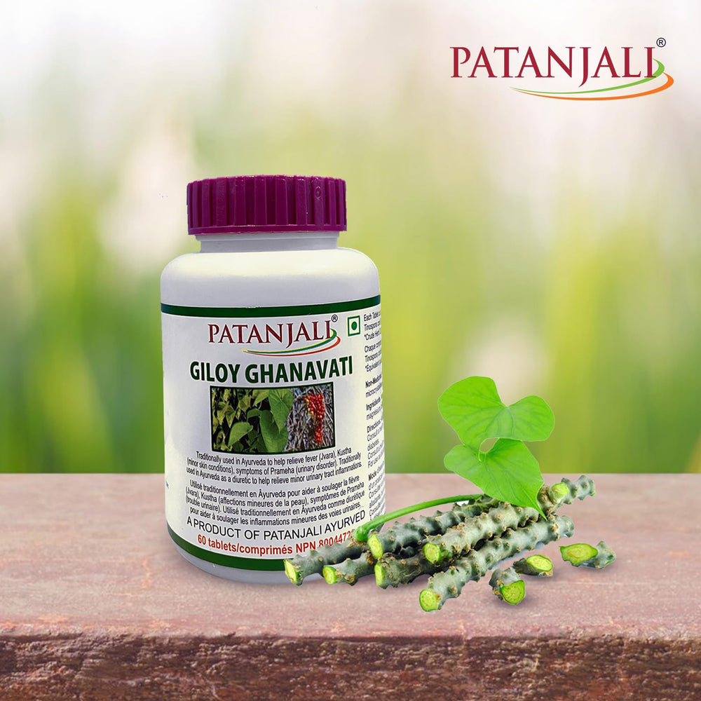 Patanjali Giloy Ghanvati 60 Tab Pack of 3 back view showing label