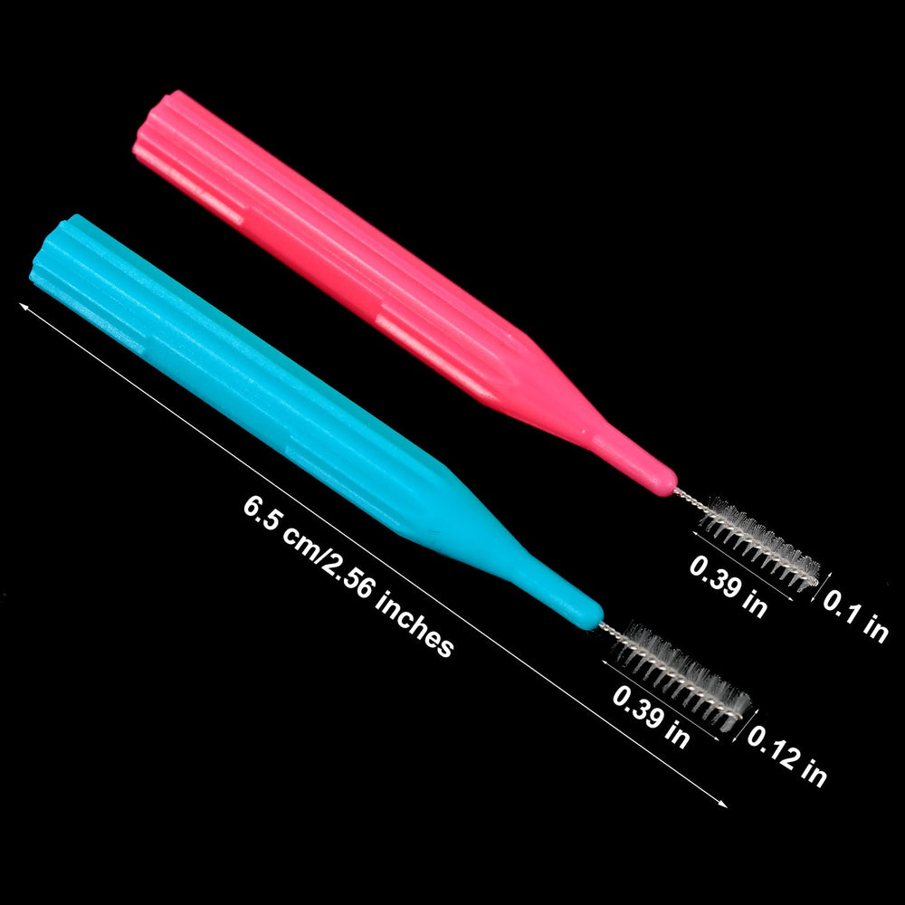 Close-up of blue head interdental brush with nylon-coated wire