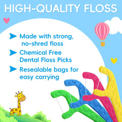 Packaging image showing four bags with 100 floss picks each
