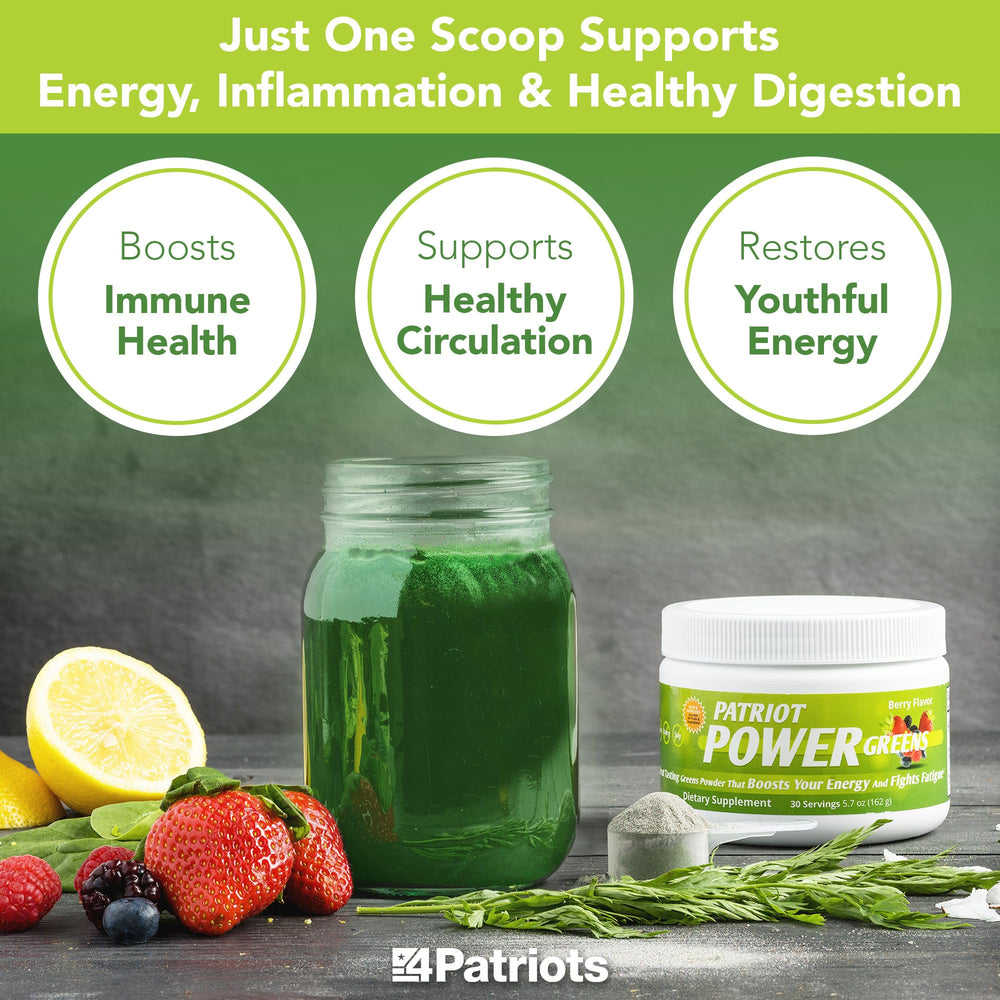 Patriot Power Greens organic greens close-up featuring kale, spinach, and parsley for digestion support.