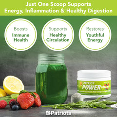 Patriot Power Greens organic greens close-up featuring kale, spinach, and parsley for digestion support.