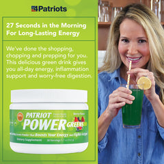 Patriot Power Greens poured into a glass shows a refreshing, energy-boosting beverage.
