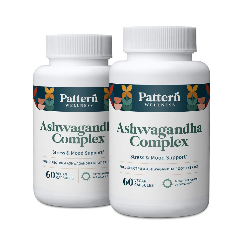 Pattern Wellness Ashwagandha Complex bottle featuring KSM-66 and black pepper