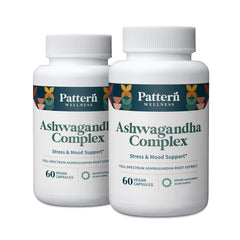 Pattern Wellness Ashwagandha Complex bottle featuring KSM-66 and black pepper