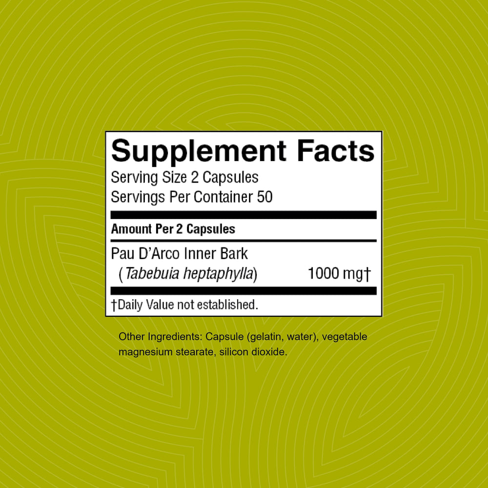 Pau D'Arco packaging label highlighting immune support and antioxidants