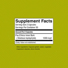 Pau D'Arco packaging label highlighting immune support and antioxidants
