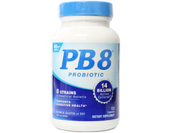 Close-up of PB8 Probiotic bottle label showing 14B CFU and 8 strains