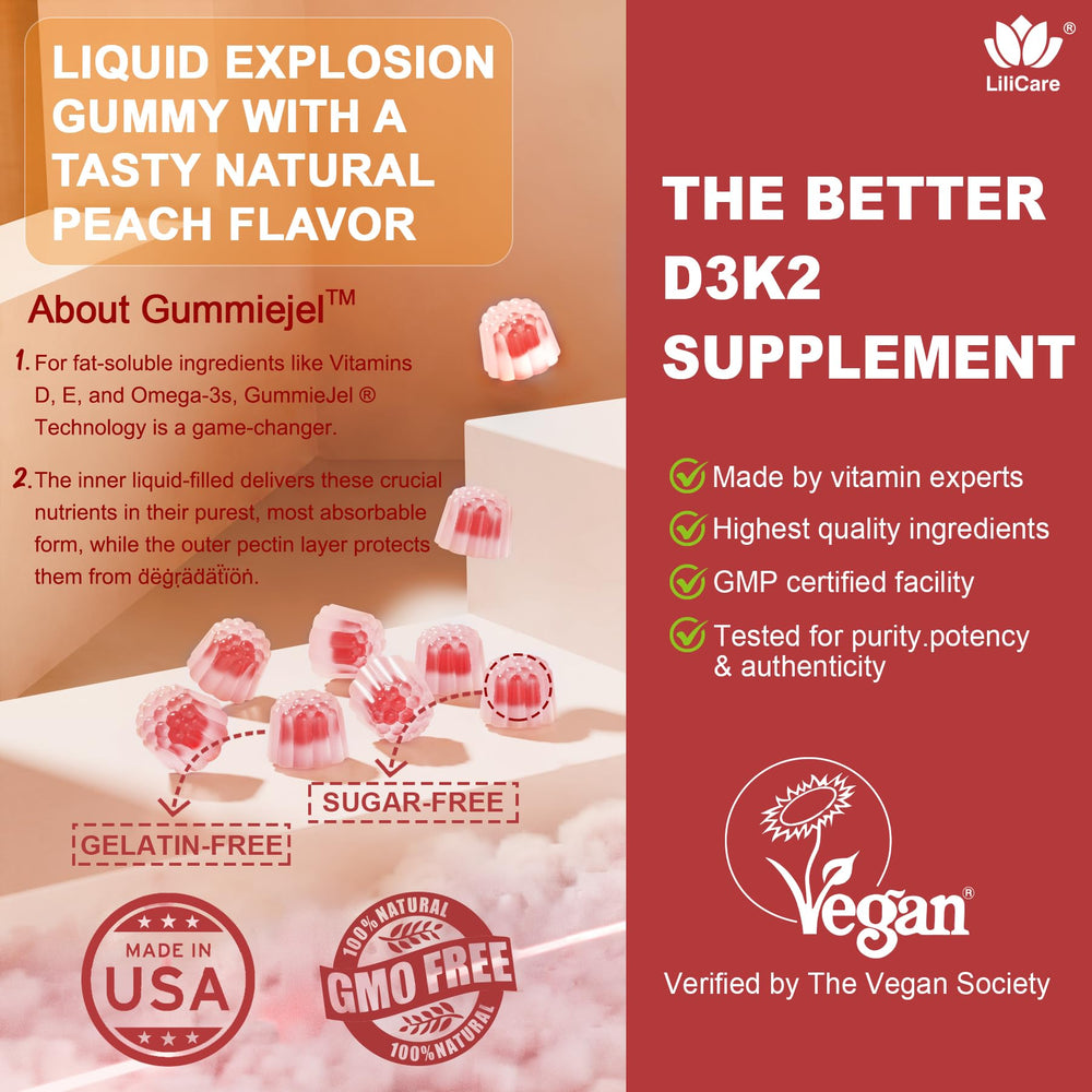 Close-up of peach-flavored vegan D3 K2 gummy