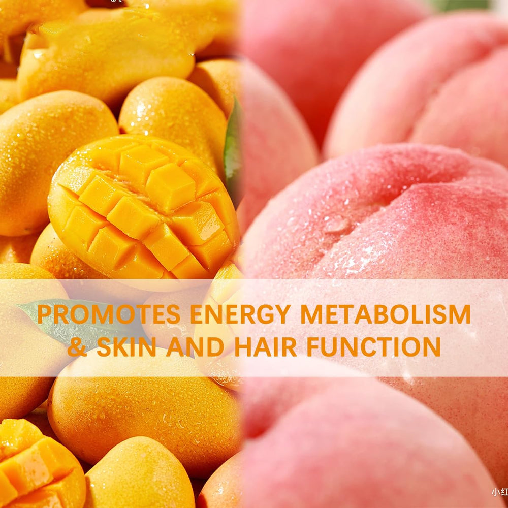 Peach mango flavored liquid multivitamin bottle displayed with fruit