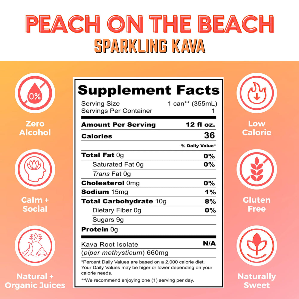 Peach on the Beach flavor sparkling kava seltzer can